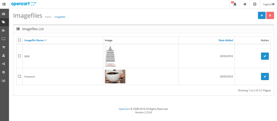 Opencart image file manager list of files